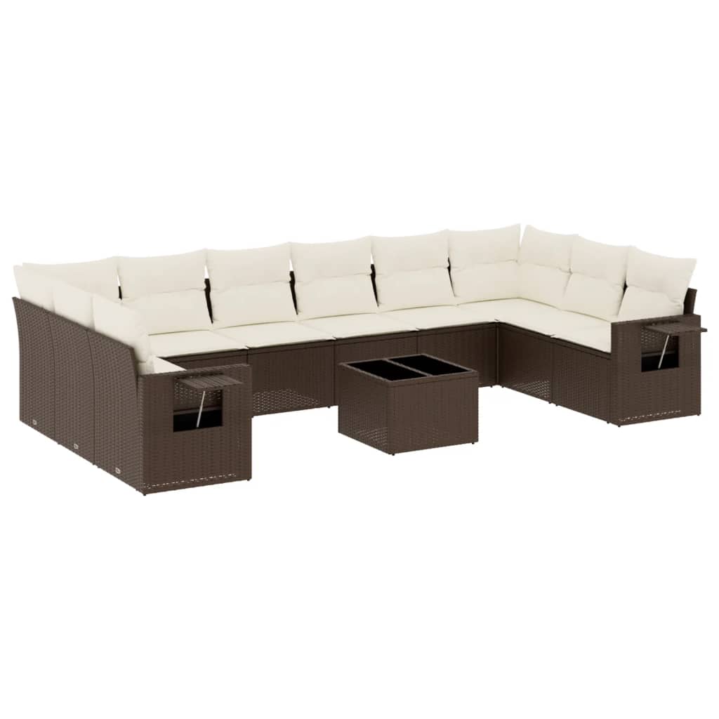 11-tlg. Garten-Sofagarnitur mit Kissen Braun Poly Rattan