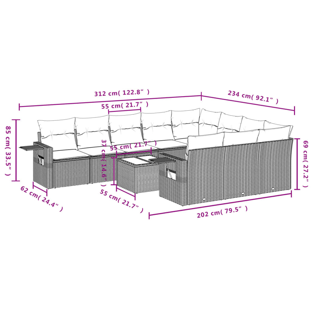 11-teiliges Gartensofa-Set mit Kissen, schwarzes Polyrattan
