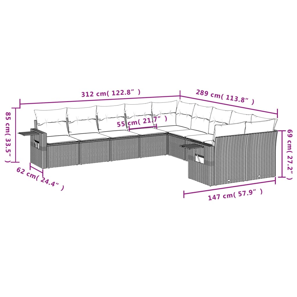 10-teiliges Gartensofa-Set mit Kissen, schwarzes Polyrattan