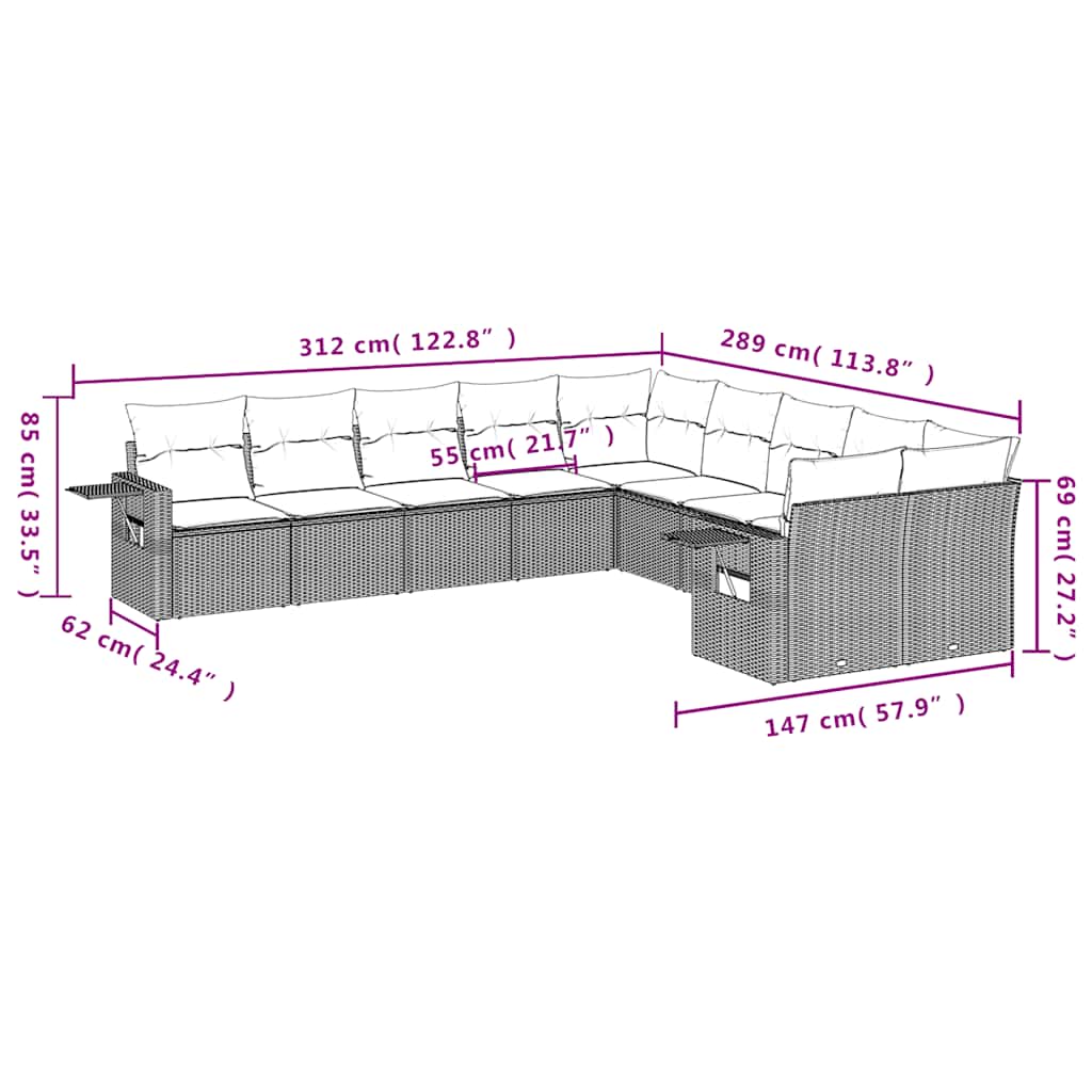 10-tlg. Garten-Sofagarnitur mit Kissen Braun Poly Rattan