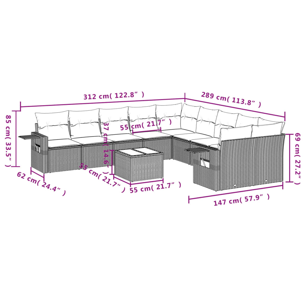 11-teiliges Gartensofa-Set mit Kissen, braun, Polyrattan