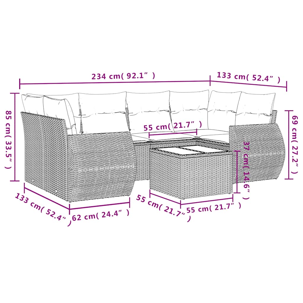 7-teiliges Gartensofa-Set mit Kissen, grau, Polyrattan