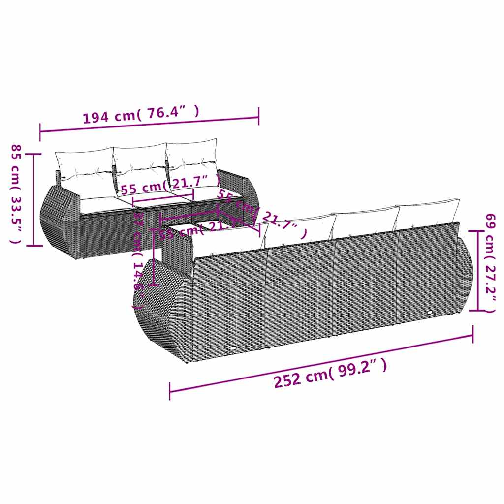 8-teiliges Gartensofa-Set mit Kissen, braun, Polyrattan
