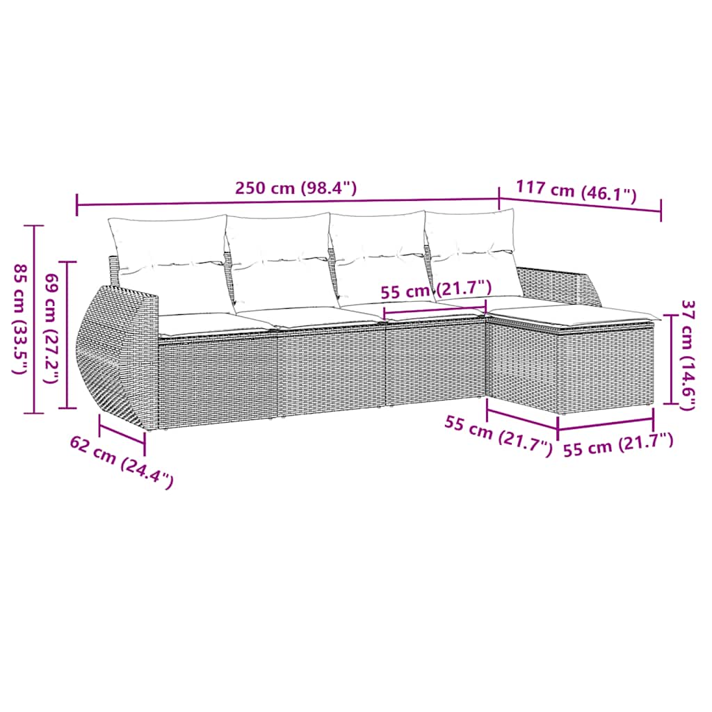 5-tlg. Garten-Sofagarnitur mit Kissen Hellgrau Poly Rattan