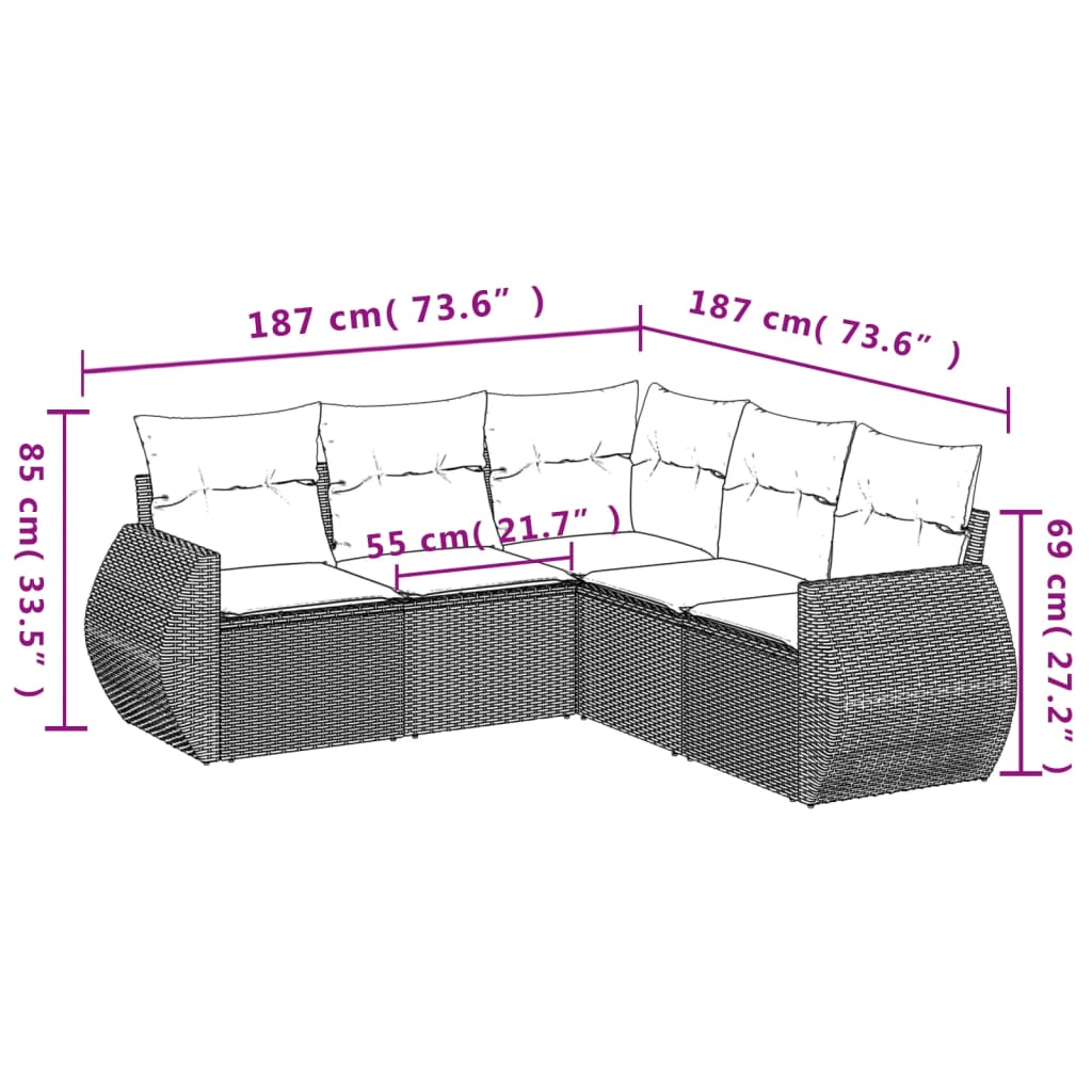 5-teiliges Gartensofa-Set mit Kissen, grau, Polyrattan