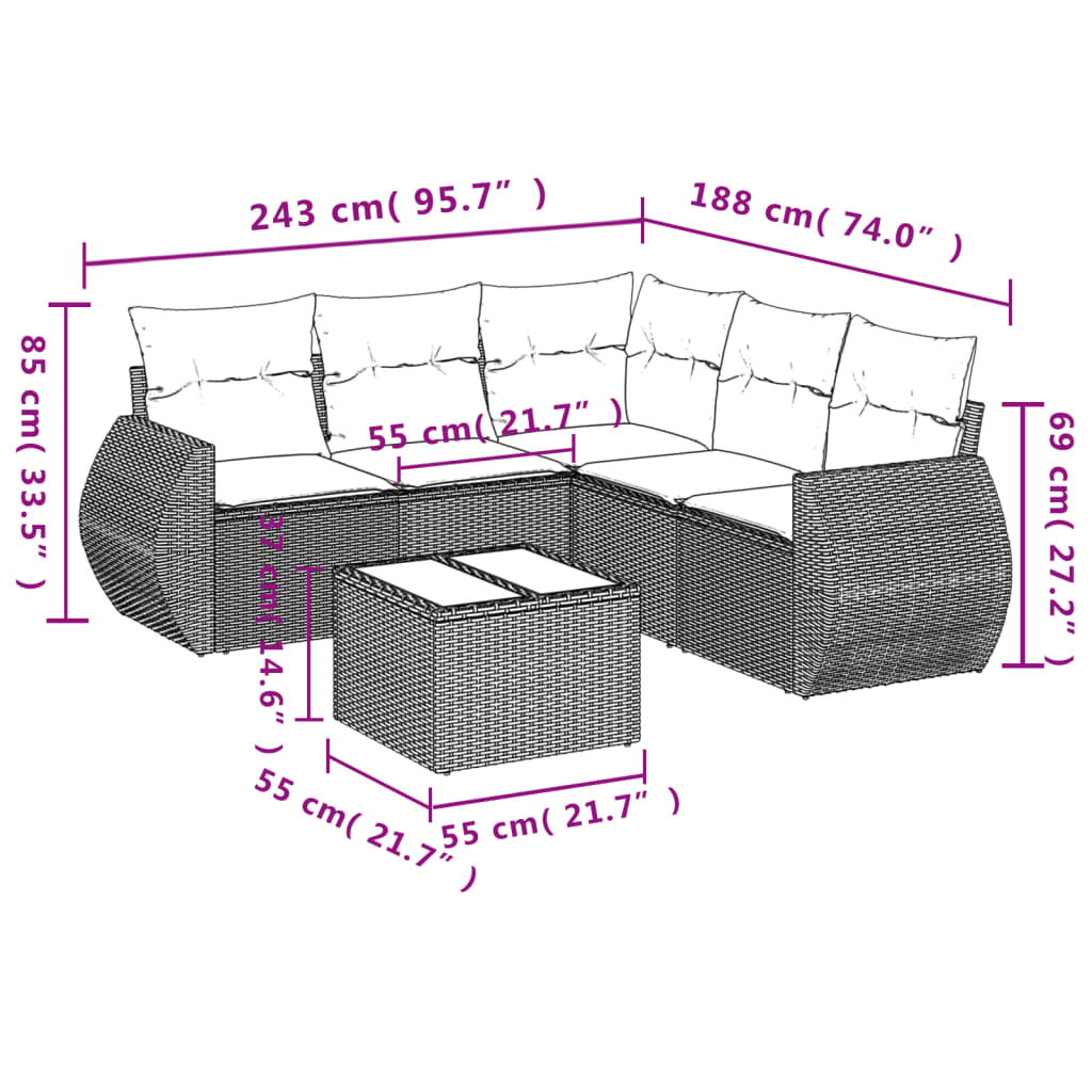 6-tlg. Garten-Sofagarnitur mit Kissen Braun Poly Rattan