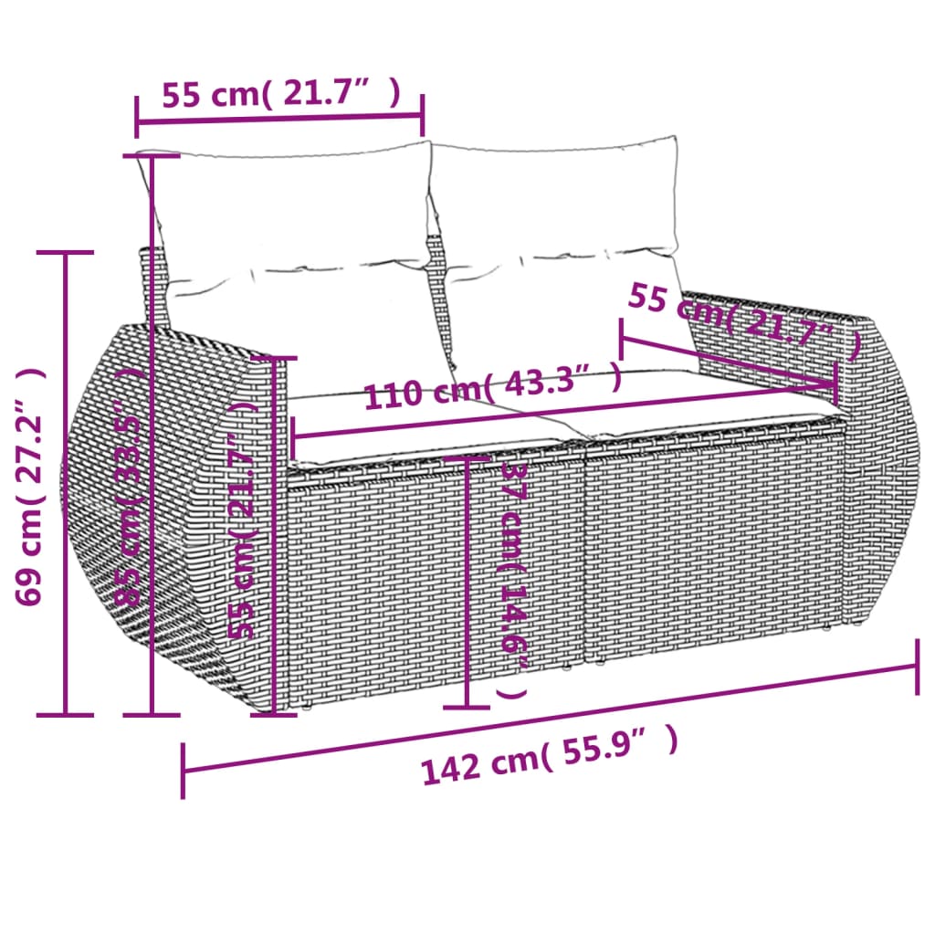 7-teiliges Gartensofa-Set mit Kissen, schwarzes Polyrattan