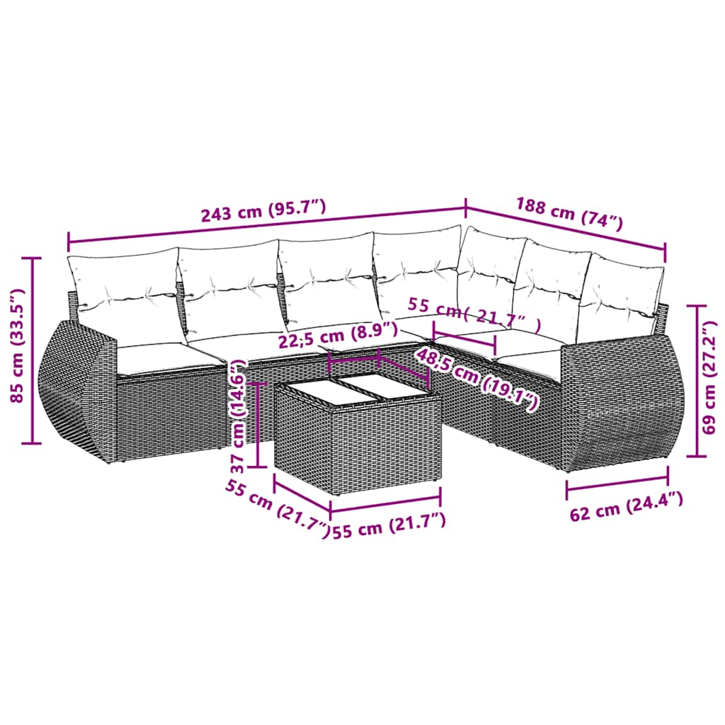 7-tlg. Garten-Sofagarnitur mit Kissen Hellgrau Poly Rattan