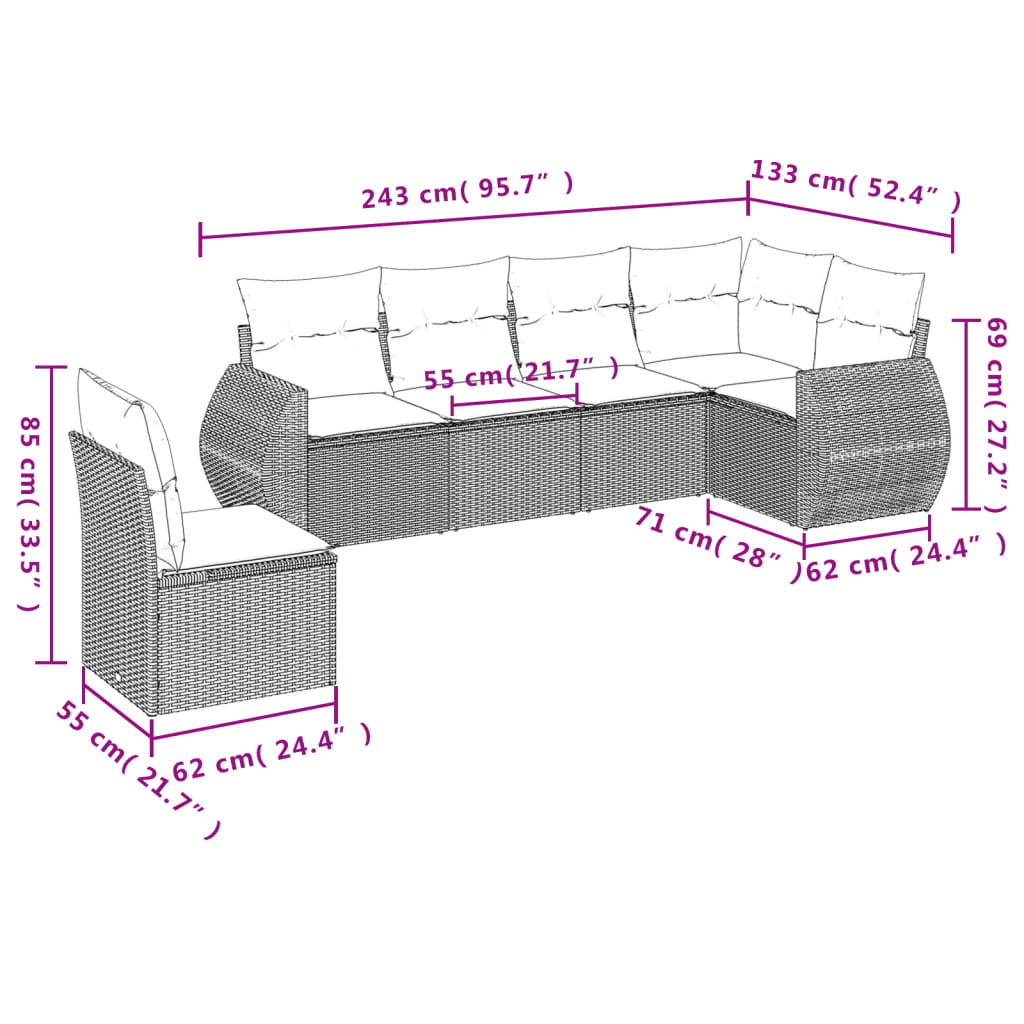 6-teiliges Gartensofa-Set mit Kissen, schwarzes Polyrattan
