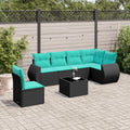 7-teiliges Gartensofa-Set mit Kissen, schwarzes Polyrattan