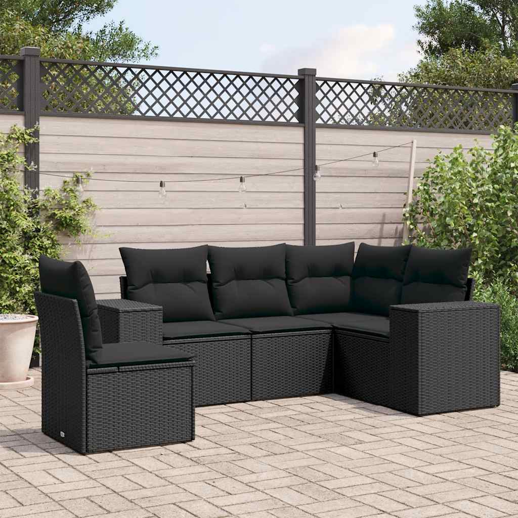 5-tlg. Garten-Sofagarnitur mit Kissen Schwarz Poly Rattan
