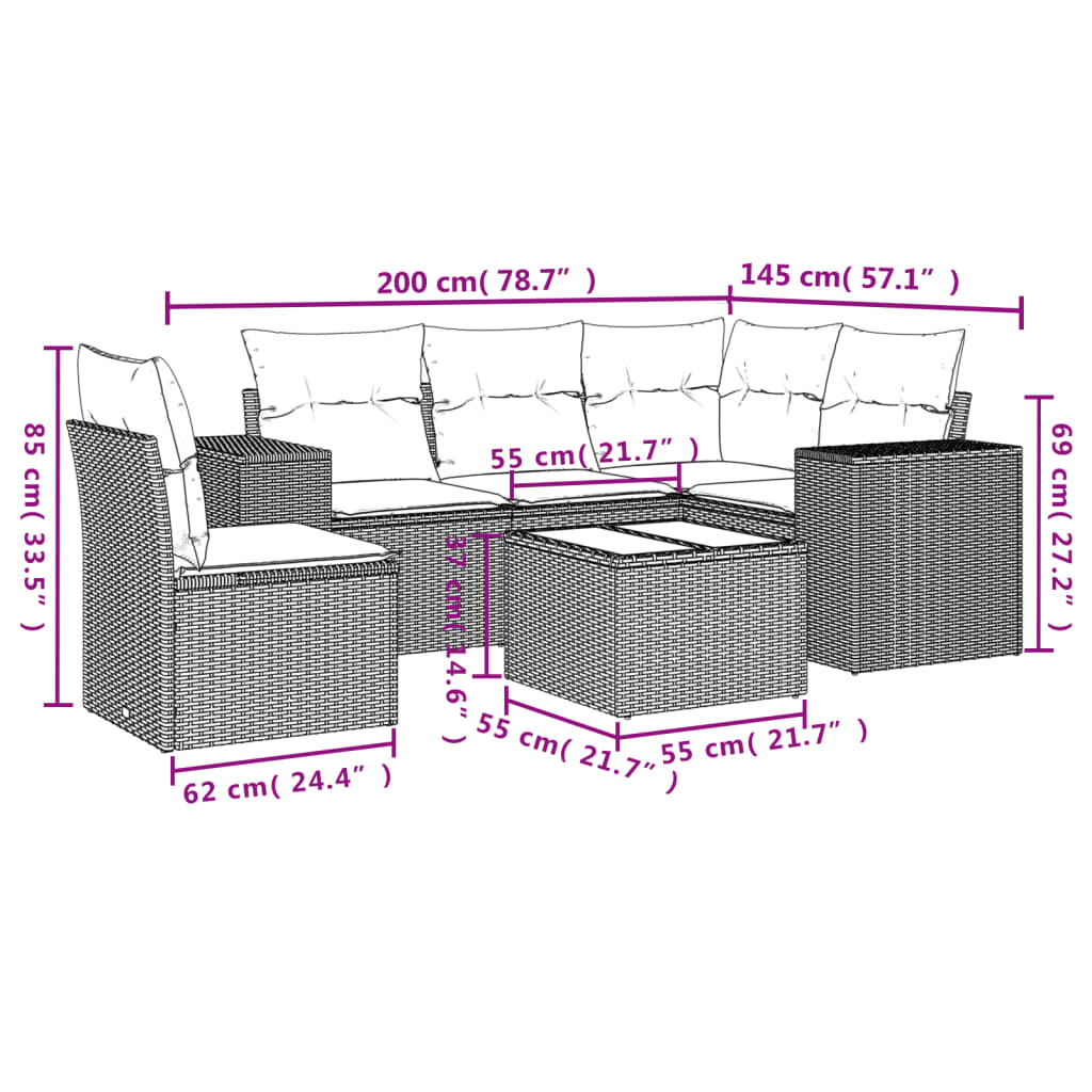 6-teiliges Gartensofa-Set mit Kissen, grau, Polyrattan
