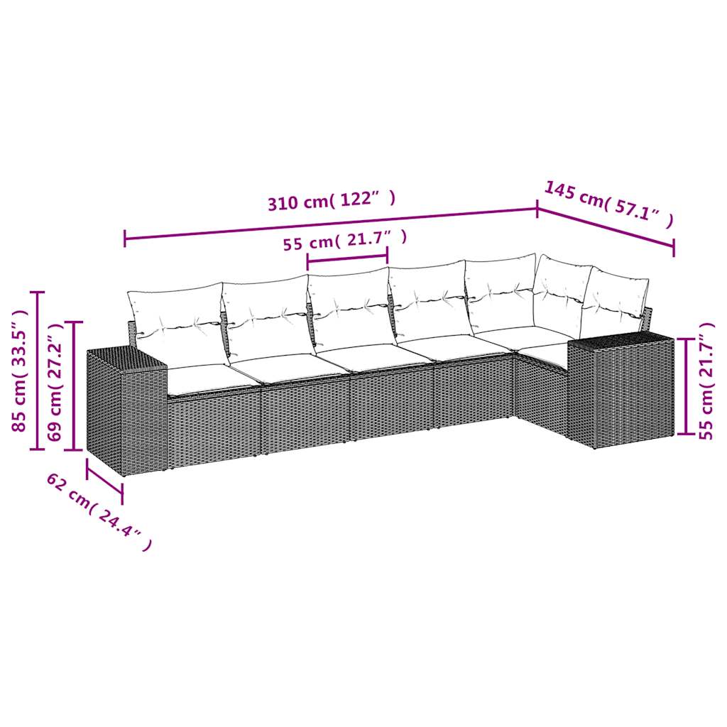 6-tlg. Garten-Sofagarnitur mit Kissen Grau Poly Rattan