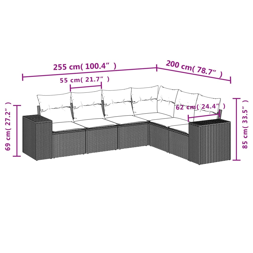 6-teiliges Gartensofa-Set mit Kissen, braun, Polyrattan