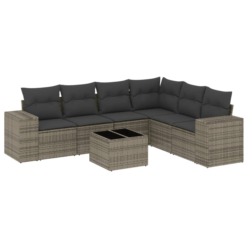 7-tlg. Garten-Sofagarnitur mit Kissen Grau Poly Rattan