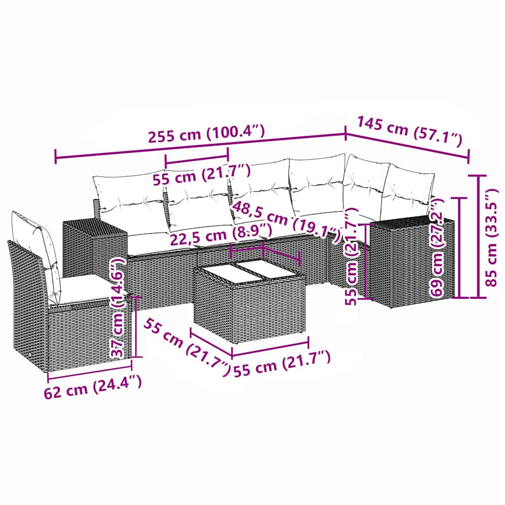 7-tlg. Garten-Sofagarnitur mit Kissen Hellgrau Poly Rattan