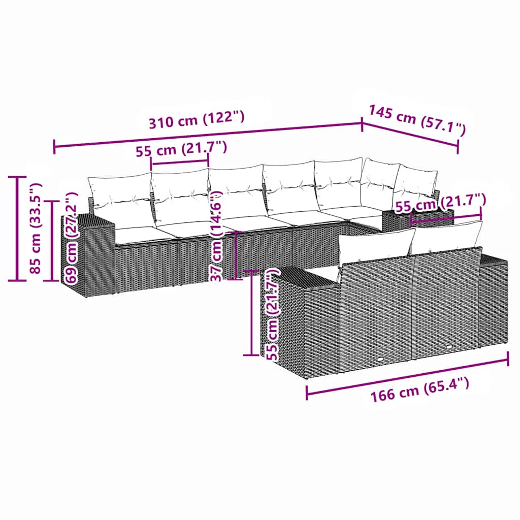 8-tlg. Garten-Sofagarnitur mit Kissen Hellgrau Poly Rattan
