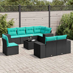 9-teiliges Gartensofa-Set mit Kissen, schwarzes Polyrattan