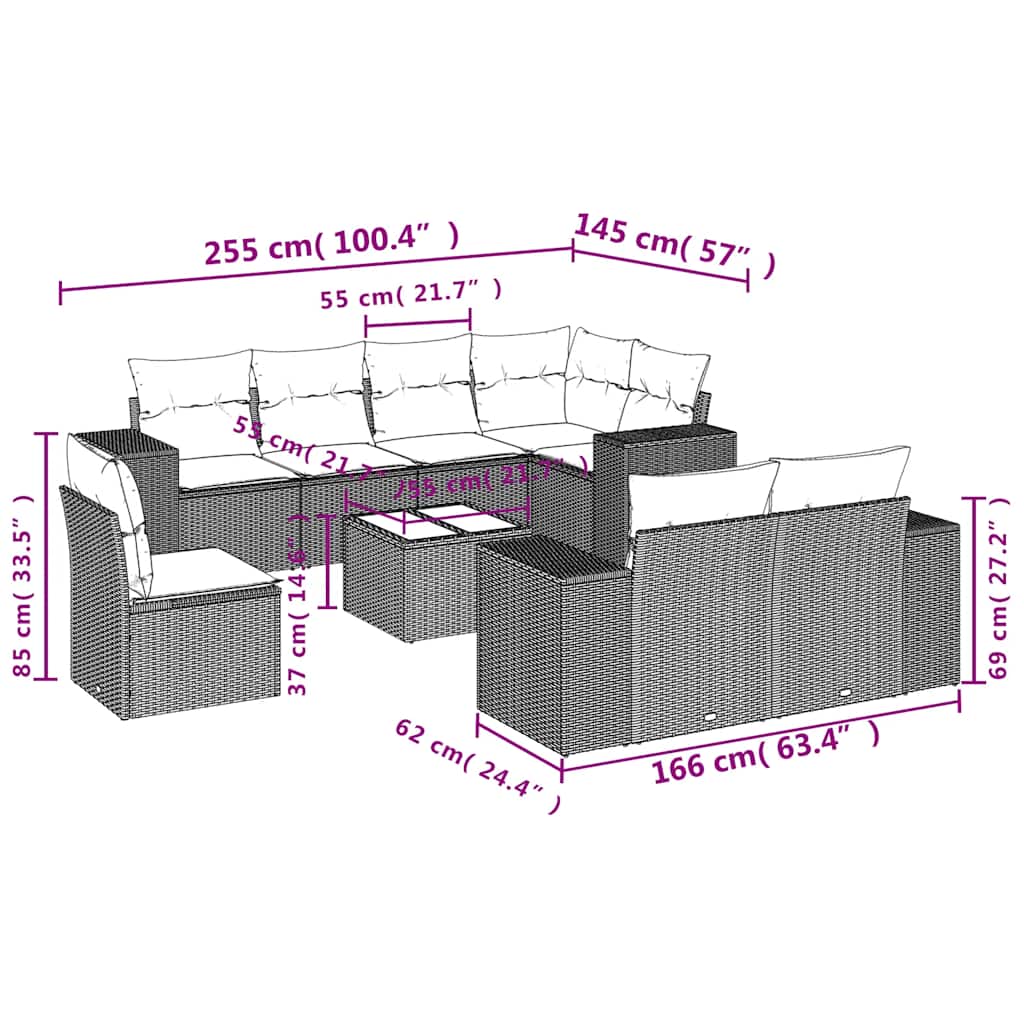 9-tlg. Garten-Sofagarnitur mit Kissen Braun Poly Rattan