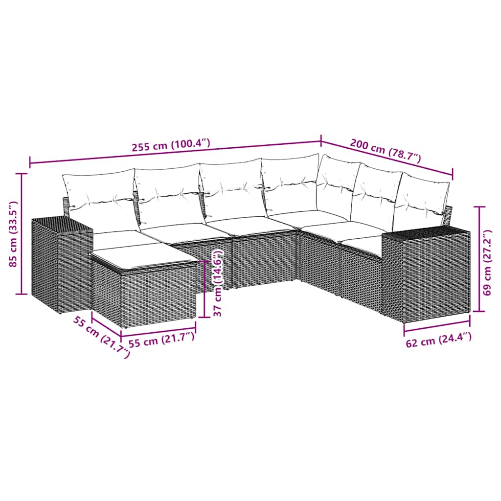 7-teiliges Gartensofa-Set mit Kissen, grau, Polyrattan