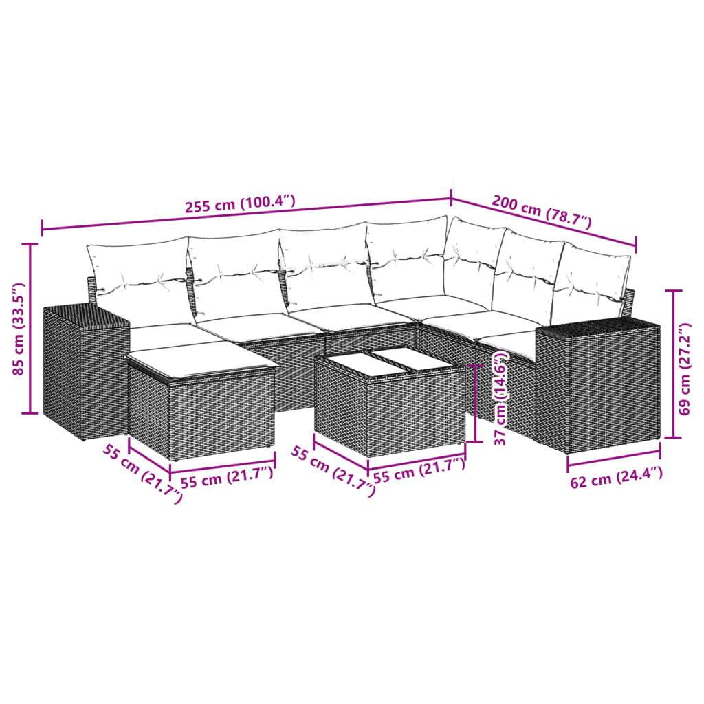 8-tlg. Garten-Sofagarnitur mit Kissen Braun Poly Rattan