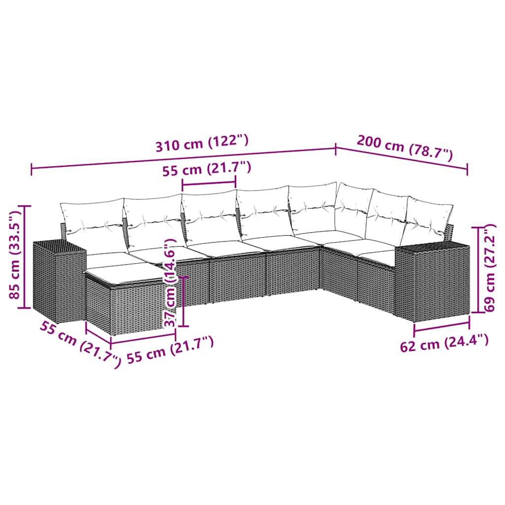 8-tlg. Garten-Sofagarnitur mit Kissen Hellgrau Poly Rattan