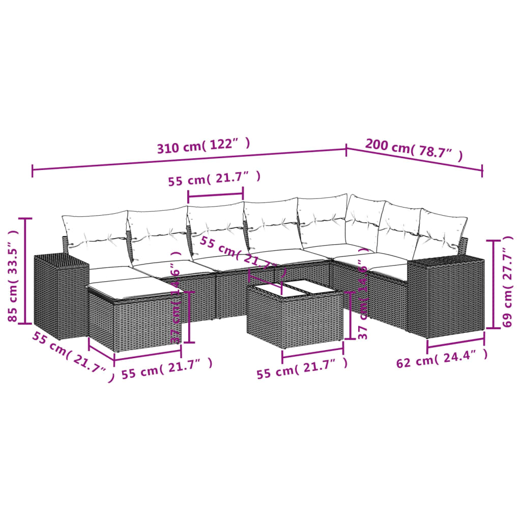 9-teiliges Gartensofa-Set mit Kissen, grau, Polyrattan