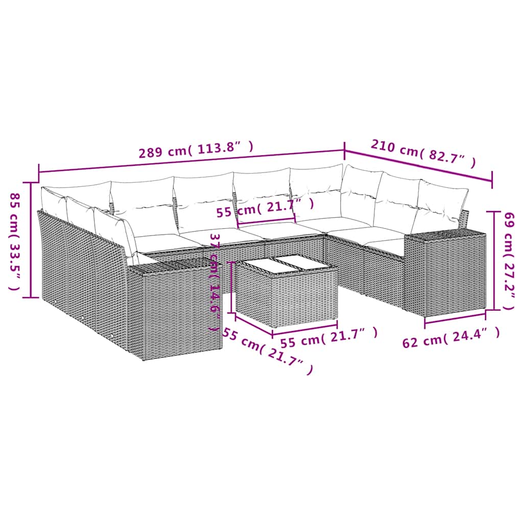 10-tlg. Garten-Sofagarnitur mit Kissen Schwarz Poly Rattan