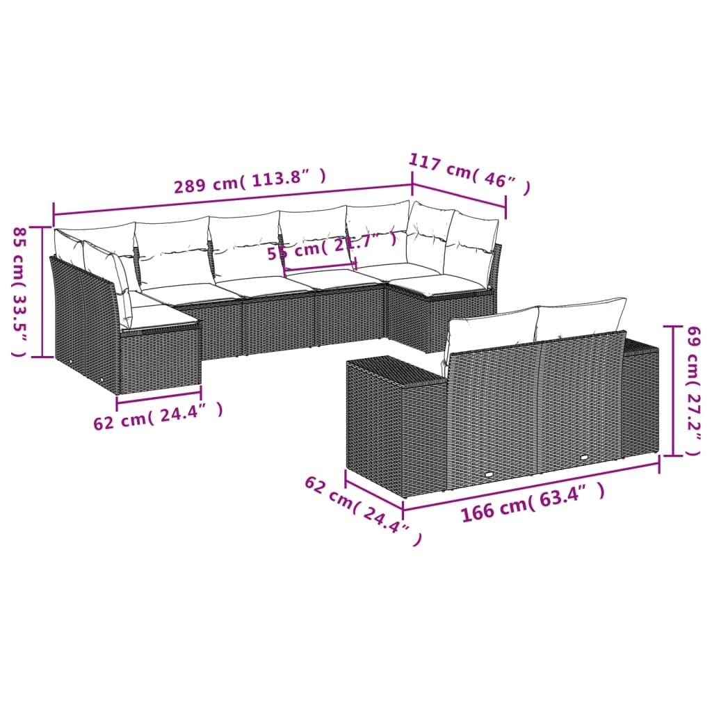 9-teiliges Gartensofa-Set mit Kissen, schwarzes Polyrattan