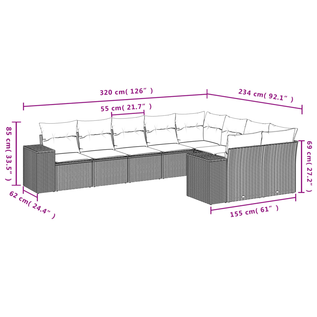 9-tlg. Garten-Sofagarnitur mit Kissen Beige Poly Rattan