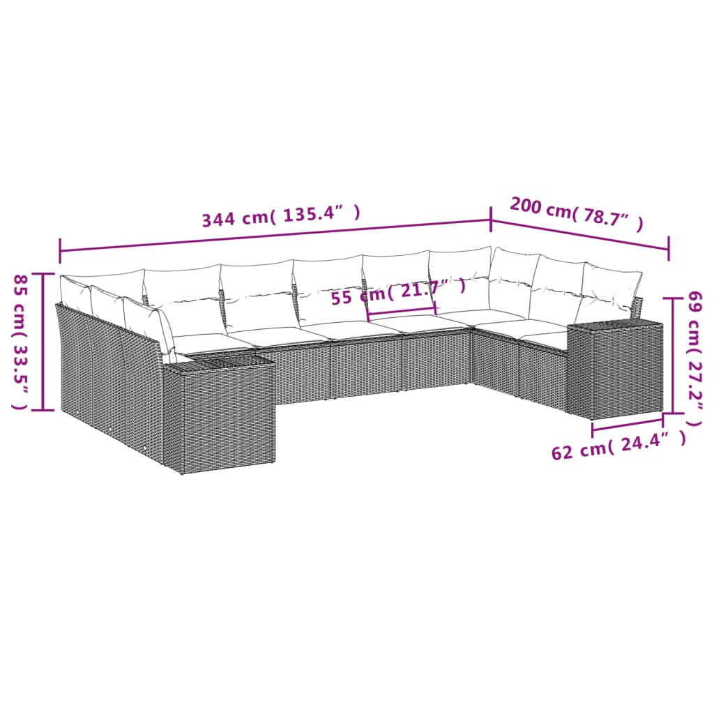 10-teiliges Gartensofa-Set mit Kissen, schwarzes Polyrattan