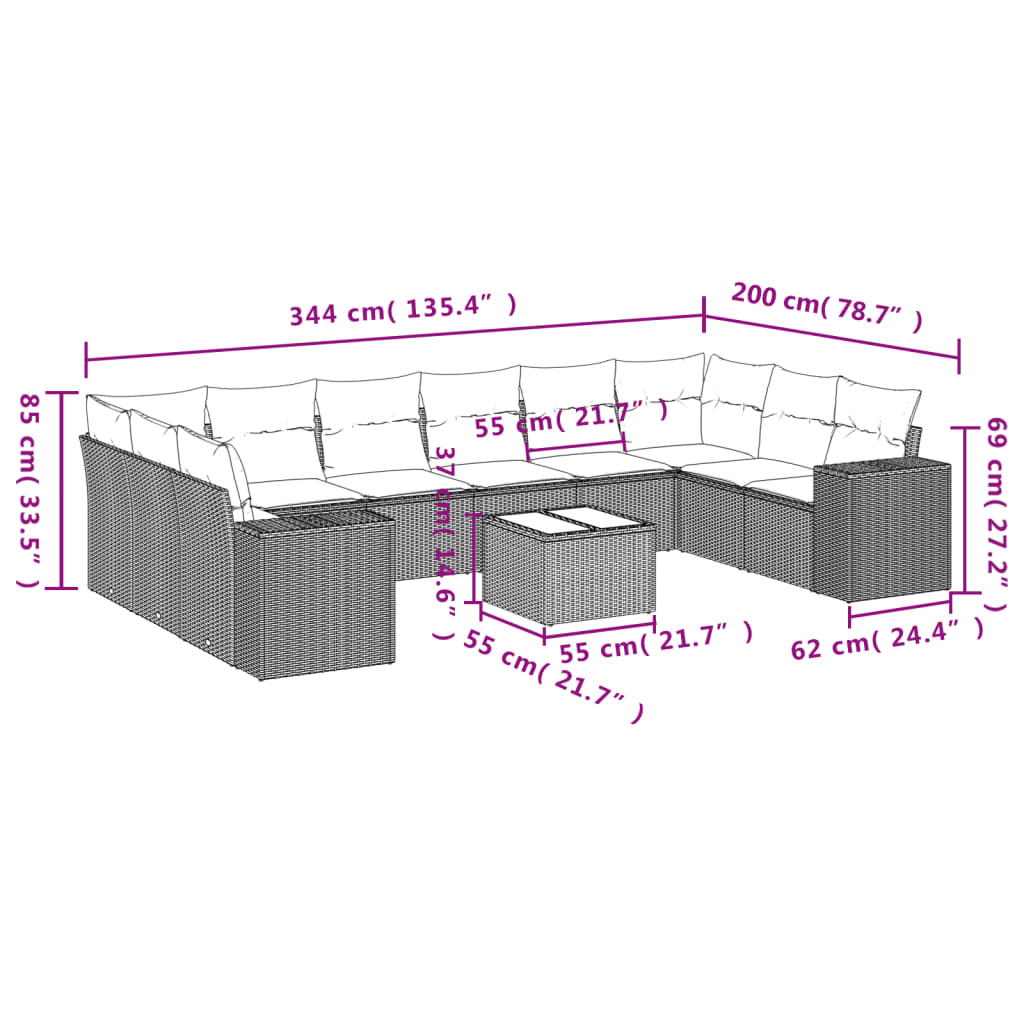 11-teiliges Gartensofa-Set mit Kissen, schwarzes Polyrattan