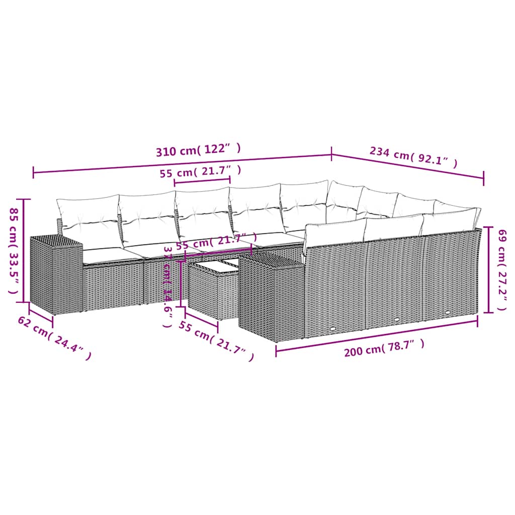 11-teiliges Gartensofa-Set mit Kissen, grau, Polyrattan