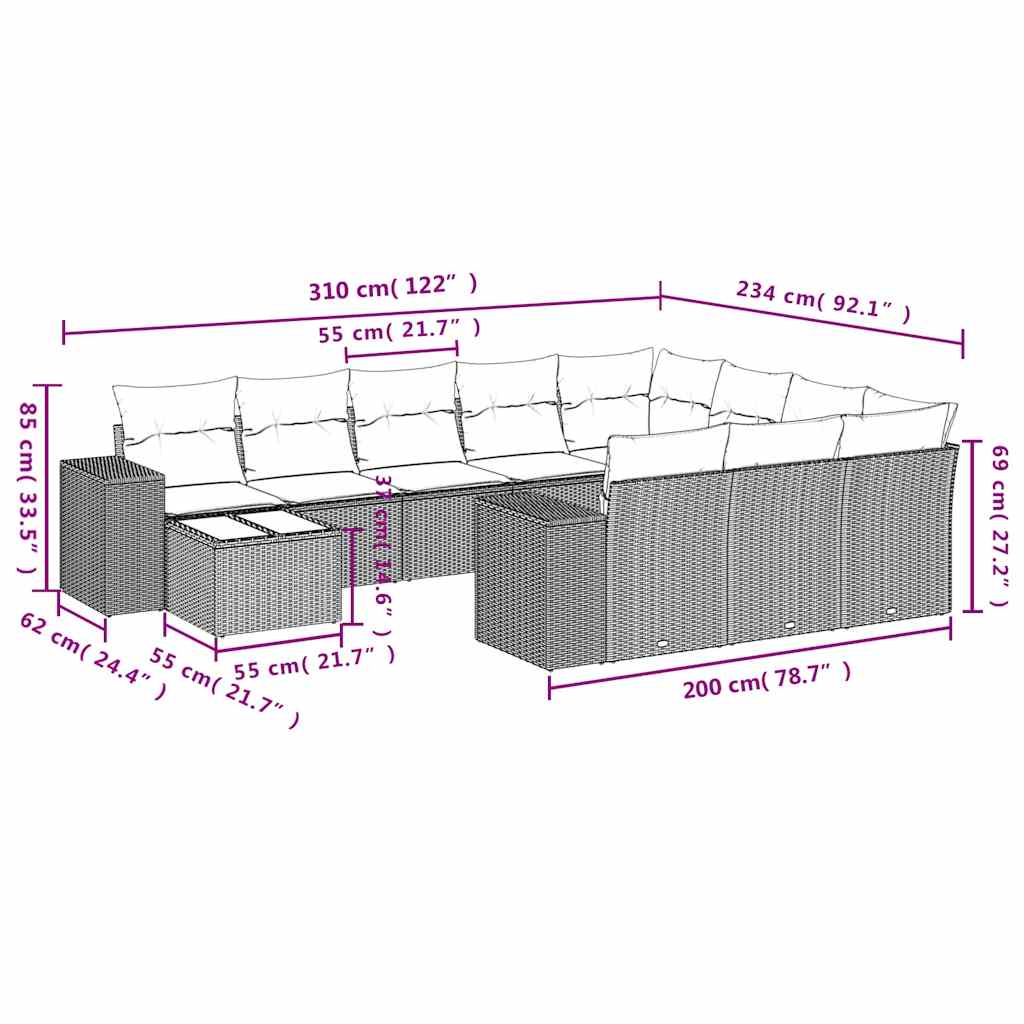 11-tlg. Garten-Sofagarnitur mit Kissen Hellgrau Poly Rattan