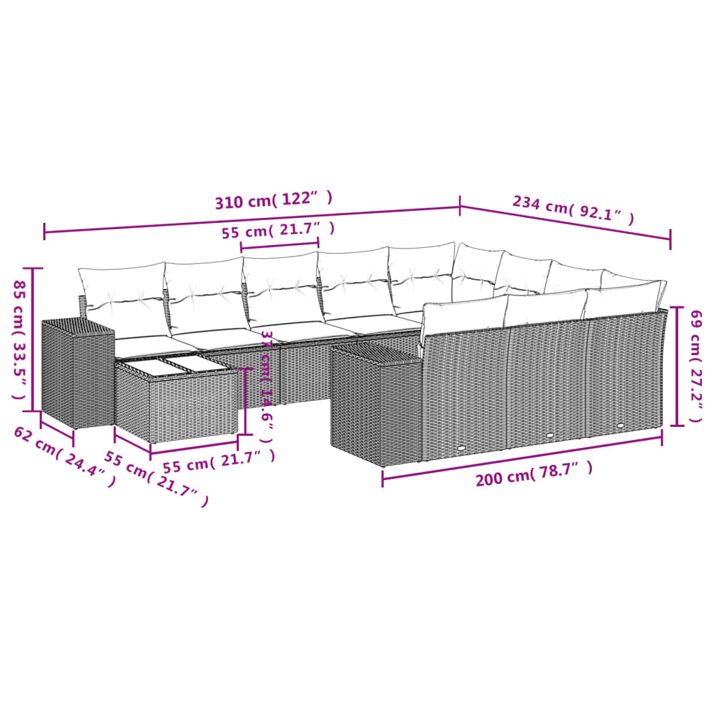 11-teiliges Gartensofa-Set mit Kissen, braun, Polyrattan
