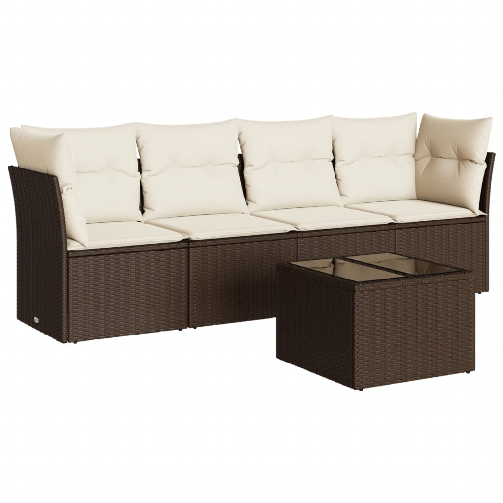 5-tlg. Garten-Sofagarnitur mit Kissen Braun Poly Rattan