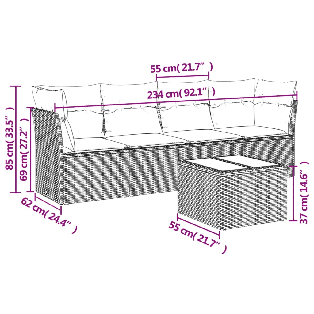 5-tlg. Garten-Sofagarnitur mit Kissen Braun Poly Rattan