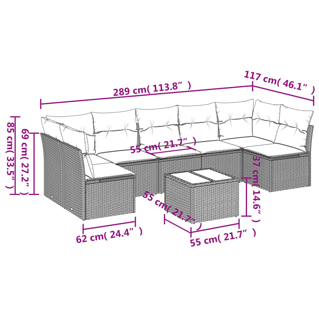 8-tlg. Garten-Sofagarnitur mit Kissen Grau Poly Rattan