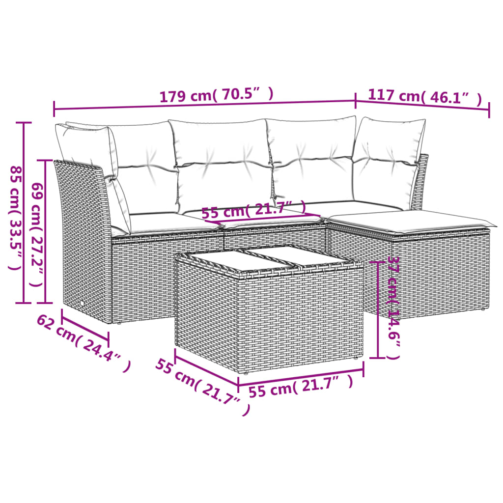 5-tlg. Garten-Sofagarnitur mit Kissen Schwarz Poly Rattan