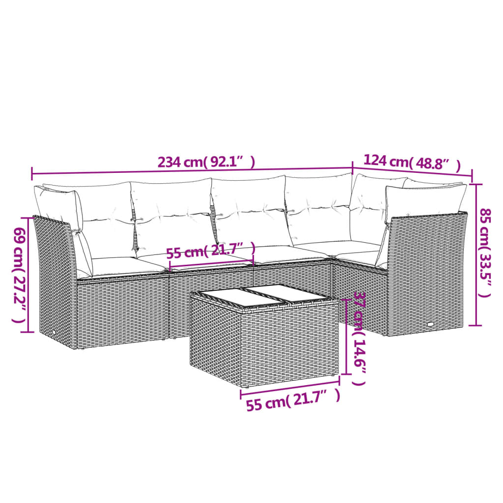 6-tlg. Garten-Sofagarnitur mit Kissen Braun Poly Rattan