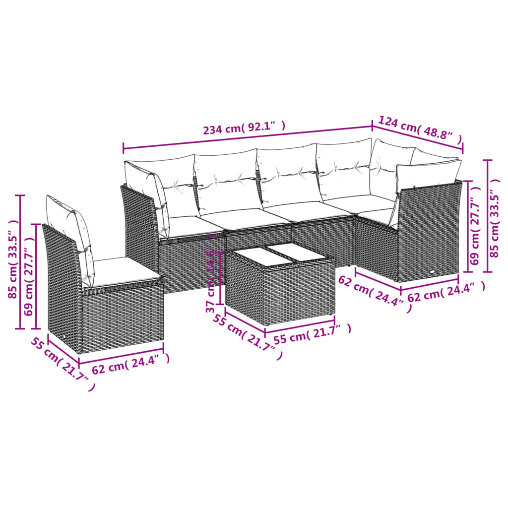 7-teiliges Gartensofa-Set mit Kissen, grau, Polyrattan