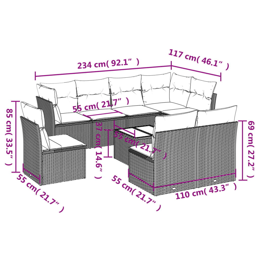 9-tlg. Garten-Sofagarnitur mit Kissen Braun Poly Rattan