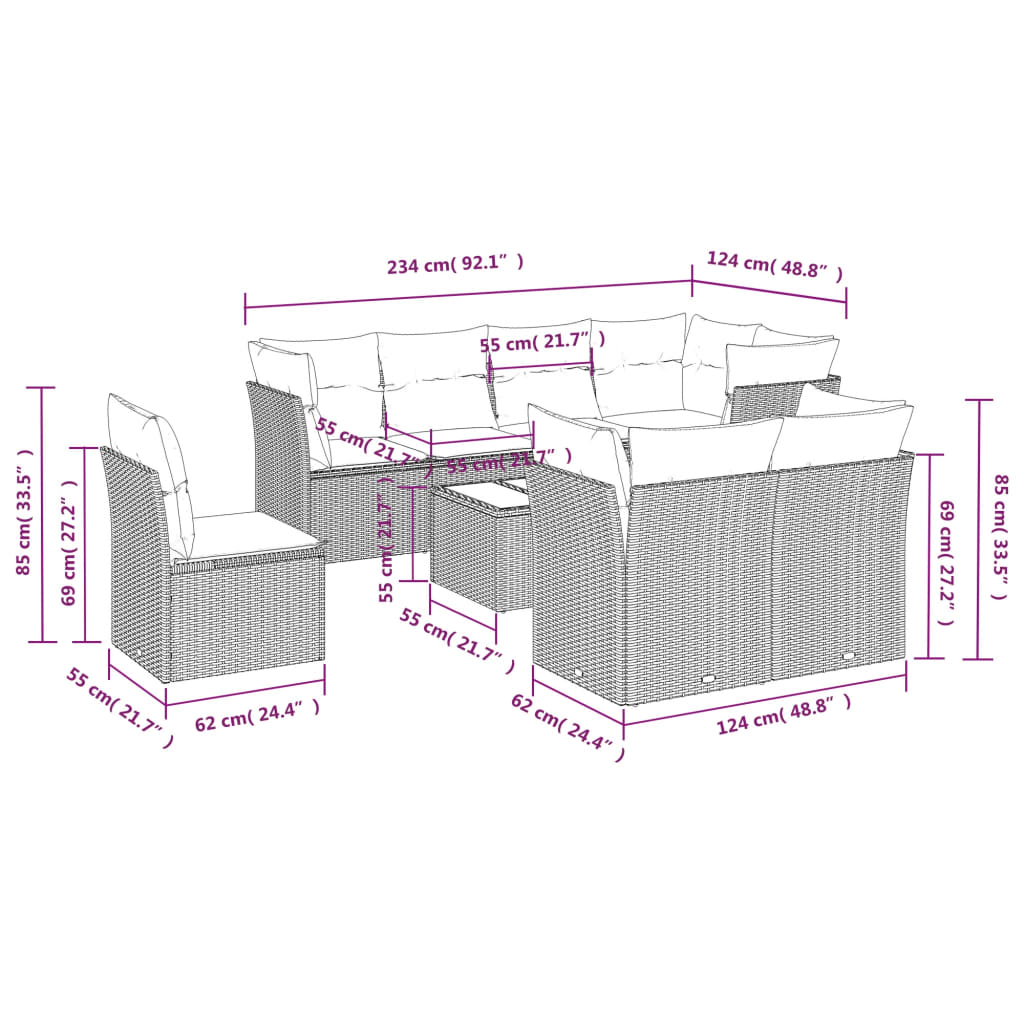 9-tlg. Garten-Sofagarnitur mit Kissen Schwarz Poly Rattan