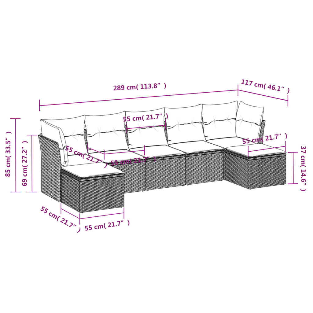 7-teiliges Gartensofa-Set mit Kissen, schwarzes Polyrattan