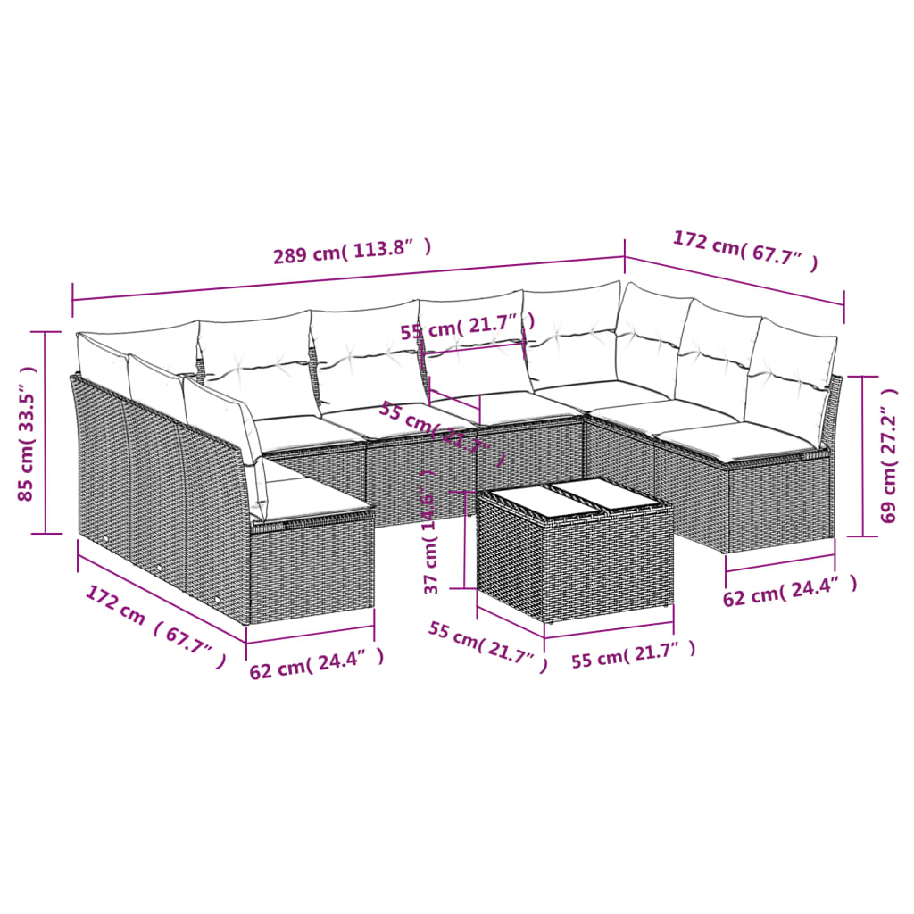 10-teiliges Gartensofa-Set mit Kissen, schwarzes Polyrattan