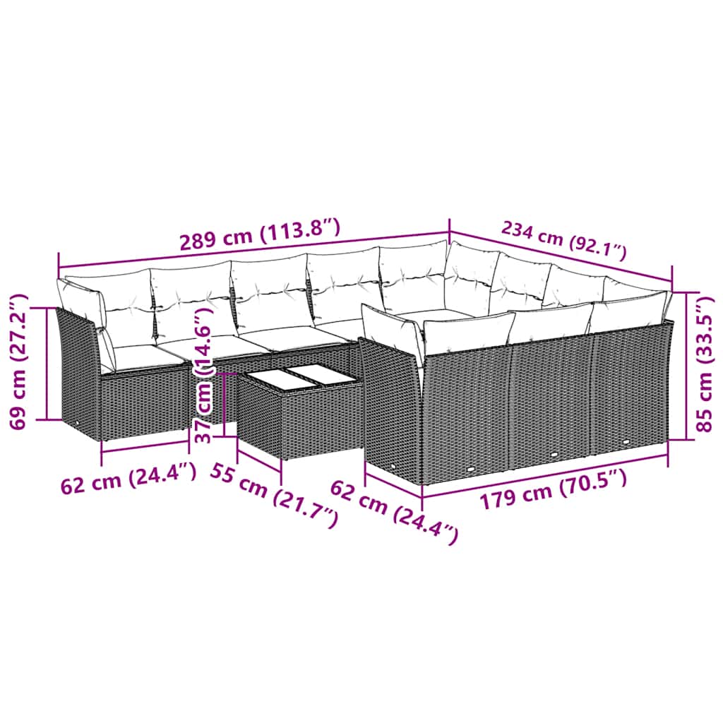 11-tlg. Garten-Sofagarnitur mit Kissen Hellgrau Poly Rattan
