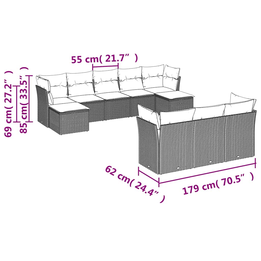 10-tlg. Garten-Sofagarnitur mit Kissen Schwarz Poly Rattan