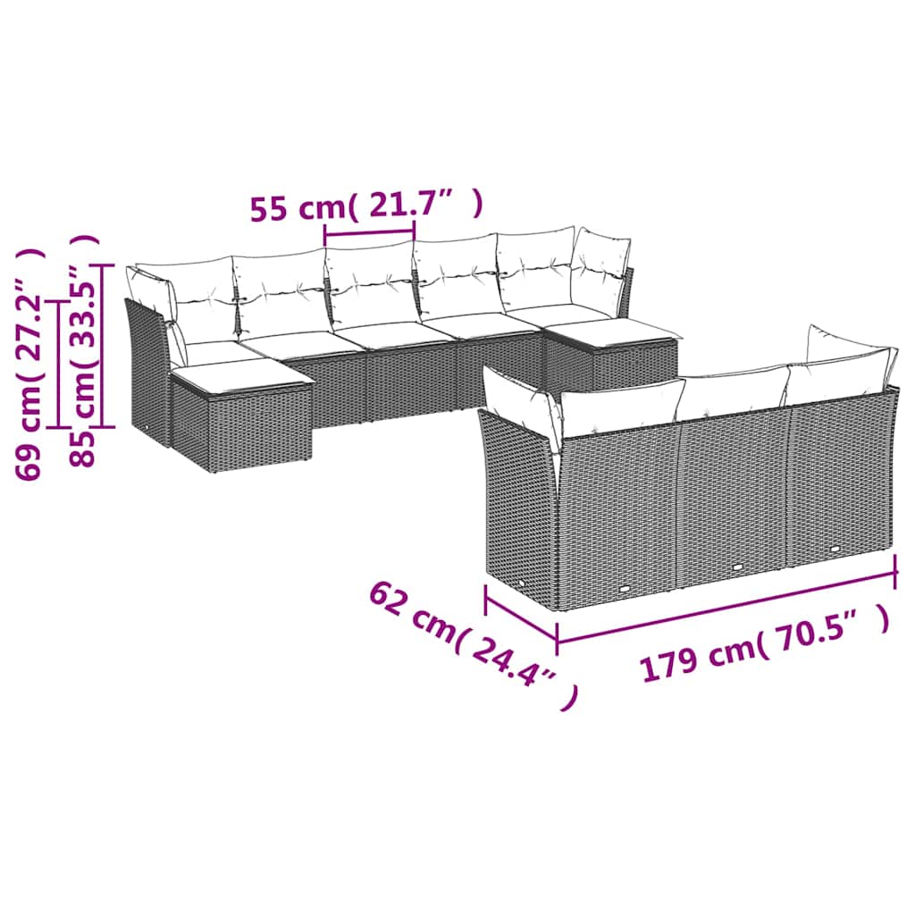 10-tlg. Garten-Sofagarnitur mit Kissen Braun Poly Rattan