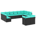 12-teiliges Gartensofa-Set mit Kissen, schwarzes Polyrattan