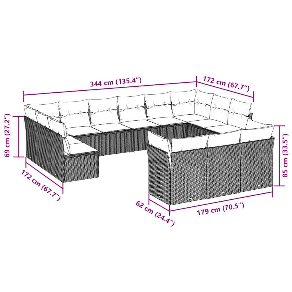 13-tlg. Garten-Sofagarnitur mit Kissen Hellgrau Poly Rattan